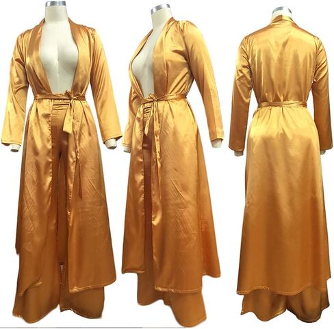 ECHOINE ملابس نسائية مكونة من قطعتين من الحرير الساتان مفتوحة من الأمام سترة كيمونو مع مجموعة سراويل طويلة واسعة الساق in Kuwait