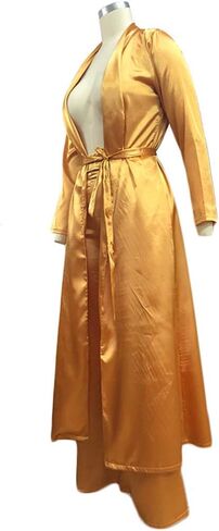 ECHOINE ملابس نسائية مكونة من قطعتين من الحرير الساتان مفتوحة من الأمام سترة كيمونو مع مجموعة سراويل طويلة واسعة الساق in Kuwait