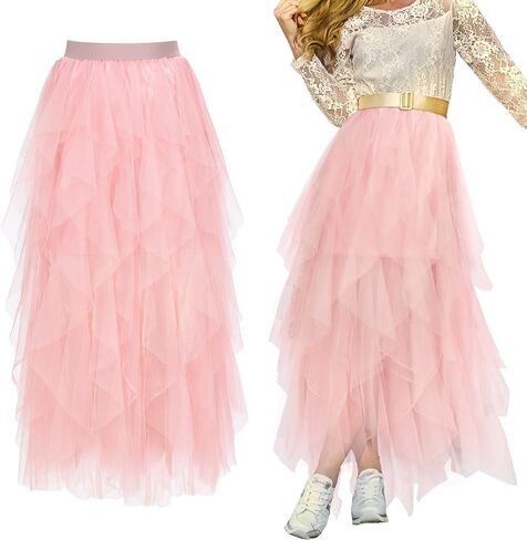 تنورة توتو وردية بخصر مرن من التول تنورة متوسطة الطول ذات طبقات مكشكشة فستان طويل من التول للفتيات والنساء والبالغات in Kuwait