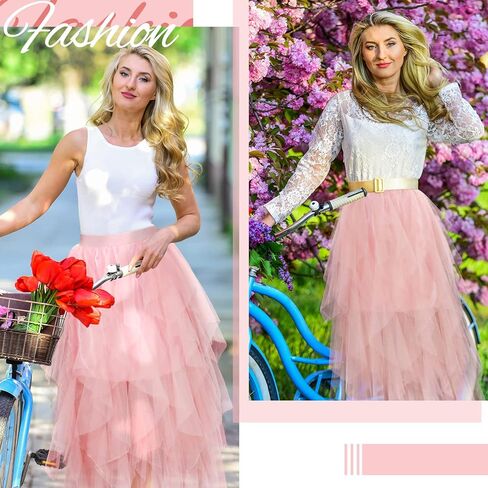 تنورة توتو وردية بخصر مرن من التول تنورة متوسطة الطول ذات طبقات مكشكشة فستان طويل من التول للفتيات والنساء والبالغات in Kuwait