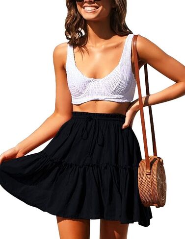 ChainJoy Women Flowy High Waist Ruffle Skirt Layer Drawstring Boho Flared Pleated A-Line Tiered Mini Skater Skirt Solid Color in Saudi Arabia
