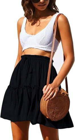 ChainJoy Women Flowy High Waist Ruffle Skirt Layer Drawstring Boho Flared Pleated A-Line Tiered Mini Skater Skirt Solid Color in Saudi Arabia