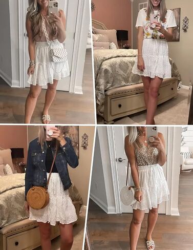 ChainJoy Women Flowy High Waist Ruffle Skirt Layer Drawstring Boho Flared Pleated A-Line Tiered Mini Skater Skirt Solid Color in Saudi Arabia