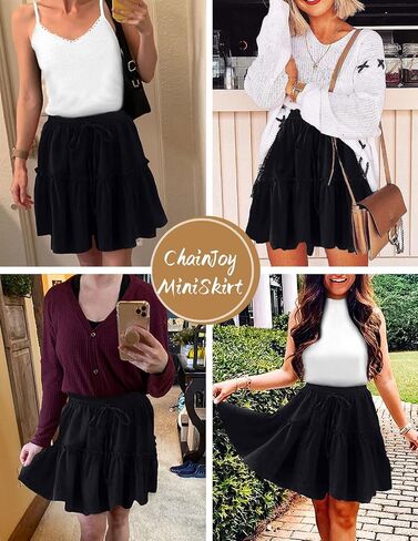 ChainJoy Women Flowy High Waist Ruffle Skirt Layer Drawstring Boho Flared Pleated A-Line Tiered Mini Skater Skirt Solid Color in Saudi Arabia