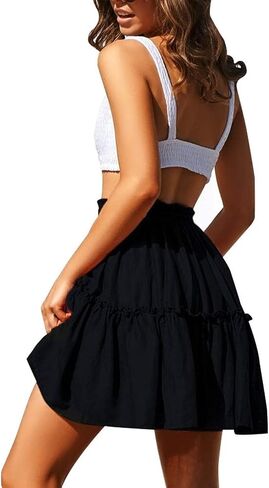 ChainJoy Women Flowy High Waist Ruffle Skirt Layer Drawstring Boho Flared Pleated A-Line Tiered Mini Skater Skirt Solid Color in Saudi Arabia
