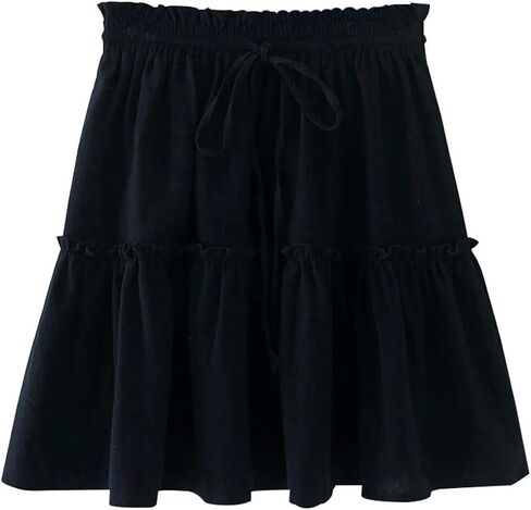 ChainJoy Women Flowy High Waist Ruffle Skirt Layer Drawstring Boho Flared Pleated A-Line Tiered Mini Skater Skirt Solid Color in Saudi Arabia