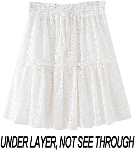 ChainJoy Women Flowy High Waist Ruffle Skirt Layer Drawstring Boho Flared Pleated A-Line Tiered Mini Skater Skirt Solid Color in Saudi Arabia