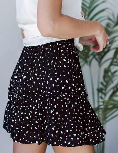 ChainJoy Women Flowy High Waist Ruffle Skirt Layer Drawstring Boho Flared Pleated A-Line Tiered Mini Skater Skirt Solid Color in Saudi Arabia