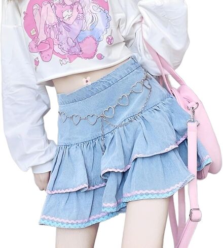 Women Kawaii Fashion Harajuku Y2K Pastel Gothic Casual Style Zipper Bluepink Hem Trim Layered Denim Short Skirt in Saudi Arabia