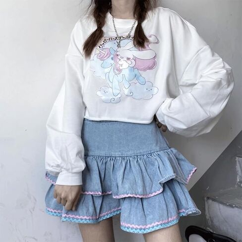 Women Kawaii Fashion Harajuku Y2K Pastel Gothic Casual Style Zipper Bluepink Hem Trim Layered Denim Short Skirt in Saudi Arabia