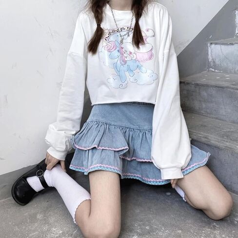 Women Kawaii Fashion Harajuku Y2K Pastel Gothic Casual Style Zipper Bluepink Hem Trim Layered Denim Short Skirt in Saudi Arabia
