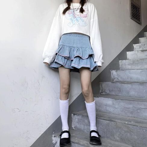 Women Kawaii Fashion Harajuku Y2K Pastel Gothic Casual Style Zipper Bluepink Hem Trim Layered Denim Short Skirt in Saudi Arabia