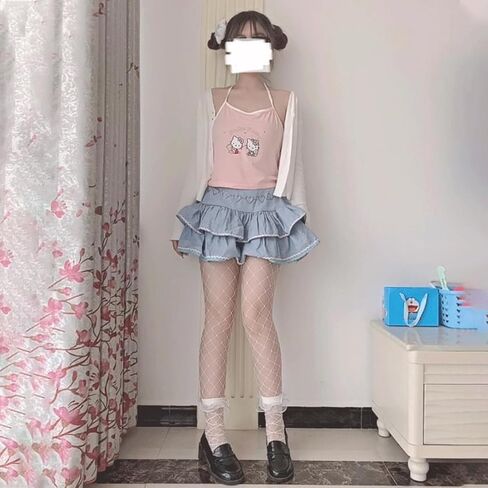 Women Kawaii Fashion Harajuku Y2K Pastel Gothic Casual Style Zipper Bluepink Hem Trim Layered Denim Short Skirt in Saudi Arabia