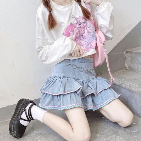 Women Kawaii Fashion Harajuku Y2K Pastel Gothic Casual Style Zipper Bluepink Hem Trim Layered Denim Short Skirt in Saudi Arabia