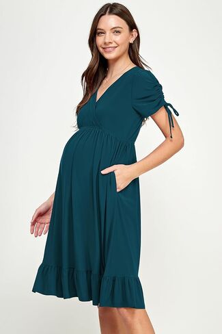 LaClef Womens V Neck Wrap Short Sleeve Drawstring Ruffle Hem Maternity Dress in Saudi Arabia