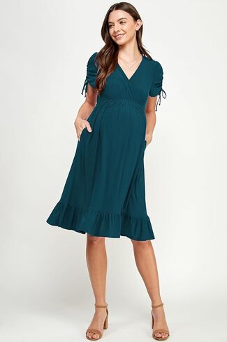 LaClef Womens V Neck Wrap Short Sleeve Drawstring Ruffle Hem Maternity Dress in Saudi Arabia