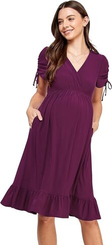 LaClef Womens V Neck Wrap Short Sleeve Drawstring Ruffle Hem Maternity Dress in Saudi Arabia