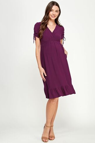 LaClef Womens V Neck Wrap Short Sleeve Drawstring Ruffle Hem Maternity Dress in Saudi Arabia