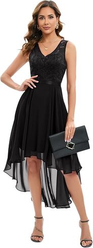 Bridesmay Women Floral Lace V-Neck Cocktail Party Dresses Formal High Low Prom Wedding Guest Bridesmaid Summer Dress in Kuwait