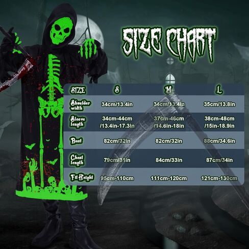 زي Neragron Grim Reaper للأطفال، زي حاصد جمجمة مخيف مع منجل غريم ريبر وقفازات وقناع هيكل عظمي in Kuwait