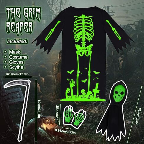 زي Neragron Grim Reaper للأطفال، زي حاصد جمجمة مخيف مع منجل غريم ريبر وقفازات وقناع هيكل عظمي in Kuwait