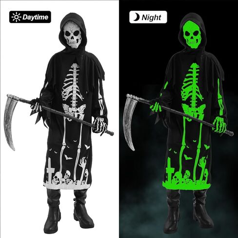 زي Neragron Grim Reaper للأطفال، زي حاصد جمجمة مخيف مع منجل غريم ريبر وقفازات وقناع هيكل عظمي in Kuwait