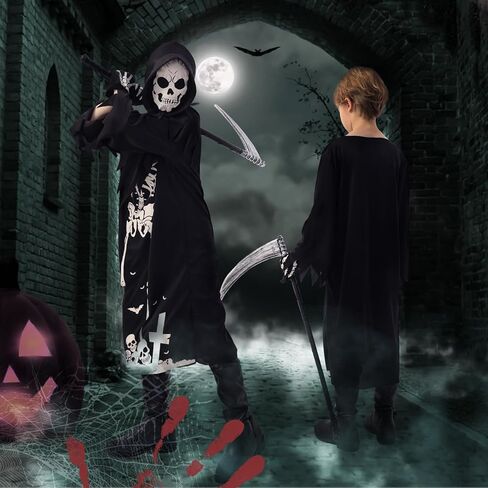 زي Neragron Grim Reaper للأطفال، زي حاصد جمجمة مخيف مع منجل غريم ريبر وقفازات وقناع هيكل عظمي in Kuwait