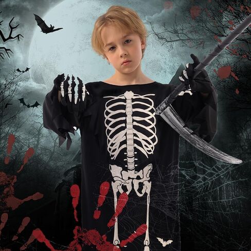 زي Neragron Grim Reaper للأطفال، زي حاصد جمجمة مخيف مع منجل غريم ريبر وقفازات وقناع هيكل عظمي in Kuwait