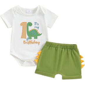 Baby Boy 1st Birthday Clothes Dinosaur Print Short Sleeve Romper Shorts Set One Years Old Cake Smash Outfit