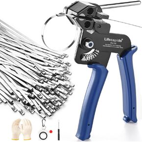 Metal Zip Ties Tool, Stainless Steel Zip Tie Gun with Built-in Cutter, Adjustable Fastening Cutting Zip Tie Tool with 100pcs 11.8in Self-Locking Stainless Steel Zip Ties, Zip Tie Organizer and Gloves