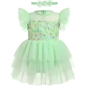 Baby Girls Birthday Party Dress Princess Flutter Sleeve 3D Flower/Butterfly Sequin Tutu Dress with Headband 2PCS