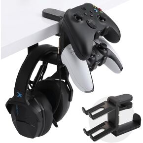 PC Gaming Headphone & Controller Holder, 3 in 1 Under Desk Clamp Universal Headset Controllers Hook with Adjustable and swivelling arm clamp(Black)