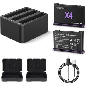 2 Packs 2500mAh Replacement Batteries Compatible with Insta 360 x4 Camera & 3 Channel Fast Charger Hub for Insta360 x4 Battery