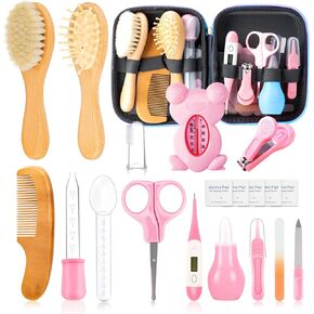 Baby Grooming Kit, Infant Safety Care Set with Hair Brush Comb Nail Clipper Nasal Aspirator,Baby Essentials Kit for Newborn Girls Boys(19 Pc Pink Kit)