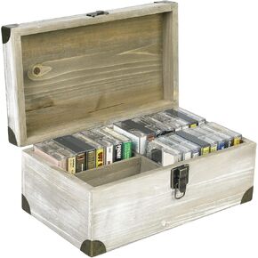 MyGift Vintage Gray Brown Wood Retro Audio Cassette Tape Storage Box with Antique Brass Tone Metal Latch and Brackets, 4 Compartments Hold up to 32 Tapes