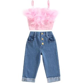 2PCS Baby Girl Jeans Outfits Sets Sleeveless Feather Halter Tank Top + Side Pockets Burrs Fringe Denim Pants