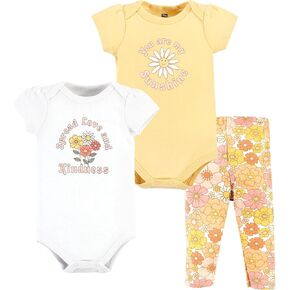 Hudson Baby Unisex Baby Cotton Bodysuit and Pant Set, Peace Love Flowers Short Sleeve, Newborn