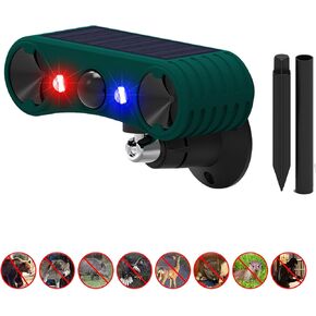 Solar Outdoor Motion Sensor Alarm 2*130db High Frequency Ultrasonic Siren with 4 Adjustable Modes, Red & Blue Strobe Light, suitable for homes, orchards, buildings, farms, warehouses and other places
