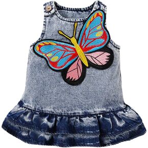 Baby Girl Denim Tank Top Dress Embroidery Butterfly Patterns Jeans Dress Toddler Sleeveless Ruffle Hem Button Dress