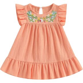 Kids Toddler Baby Girl Summer Cotton Linen Dress Flying Sleeve Mexican Ethnic Embroidery Floral Sundress Casual Dress