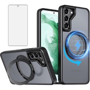 for Phone Case Samsung Galaxy S23 FE 5G inch with Tempered Glass Screen Heavy Duty Protector Cover 360°Rotatable Ring Stand Slim Protective Military S 23 EF S23FE 23S Girls Women Men Black