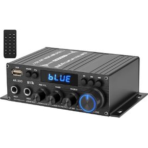 Stereo Amplifier Receiver for Home Speakers, AK390 400Wx2 2Channel Wireless Bluetooth 5.0 HiFi Mini Power Amplifier Receiver with 12V/5A Adapter Remote Control, MIC USB AUX FM Input