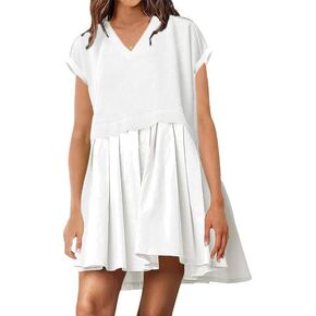 Womens Summer Dresses Oversized Short Sleeve V Neck Patchwork Casual Trendy Mini Pleated Swing Sweatshirt Dress