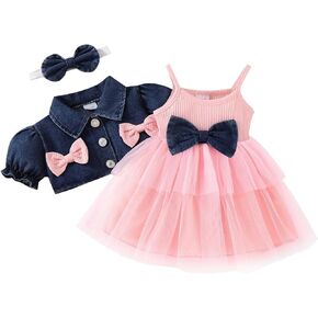Baby Girl Tulle Dress Sleeveless + Puff Sleeve Denim Jacket + Headband Toddler Summer Outfits 3PC Set 3-24 Months