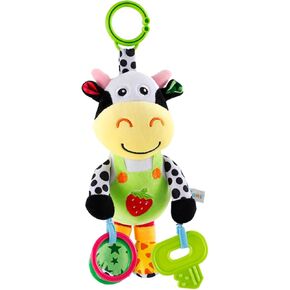 Interactive 3D Teethers Musical Baby Toy-Plush Stroller Hanging Doll for Infant Babies Stuffed Animal Activity Soft Toys with Multi-Sensory Crinkle, Rattle & Textures for Tummy Time 0-3 Years Cow