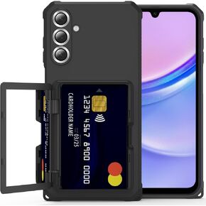 for Galaxy A15 5G Phone Case - Samsung Galaxy A15 5g Case with Card Holder | Lens Protection | Mirror - Rugged Heavy-Duty Shockproof Protective for Samsung A15 5G 6.5 Inch - Black