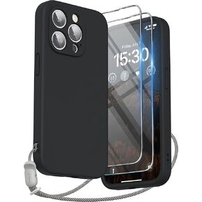 SURPHY Designed for iPhone 15 Pro Case with Screen Protector and Lanyard, Phone Strap and Liquid Silicone Phone Case (Camera protective + Soft Microfiber Lining) 6.1 inch 2023 (Light Blue)