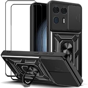 Case for Motorola Edge 50 Ultra with Tempered Glass Screen Protector [2 pack],Sliding Camera Window, Kickstand, Shock-proof Anti-Scratch Dual-Layer Phone Cover, Black