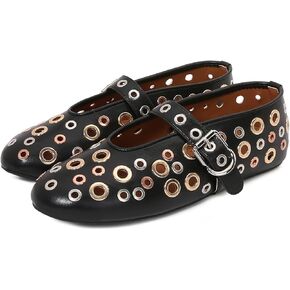 Ballet Flats for Women Mesh Metallic Eyelet Mary Jane Flats Perforated Buckle Strap Ballerina Flat Shoes
