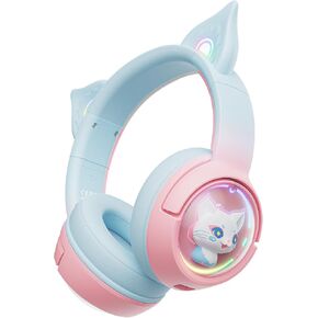 Cat Bluetooth Headphones, 2.4G Wireless Headset with Mic, RGB LED Light Compatible with Mobile Phones PC Tablet, with 3.5mm Wired Mode for Audio Only, Gradient (Upgraded with 2.4G Connection)